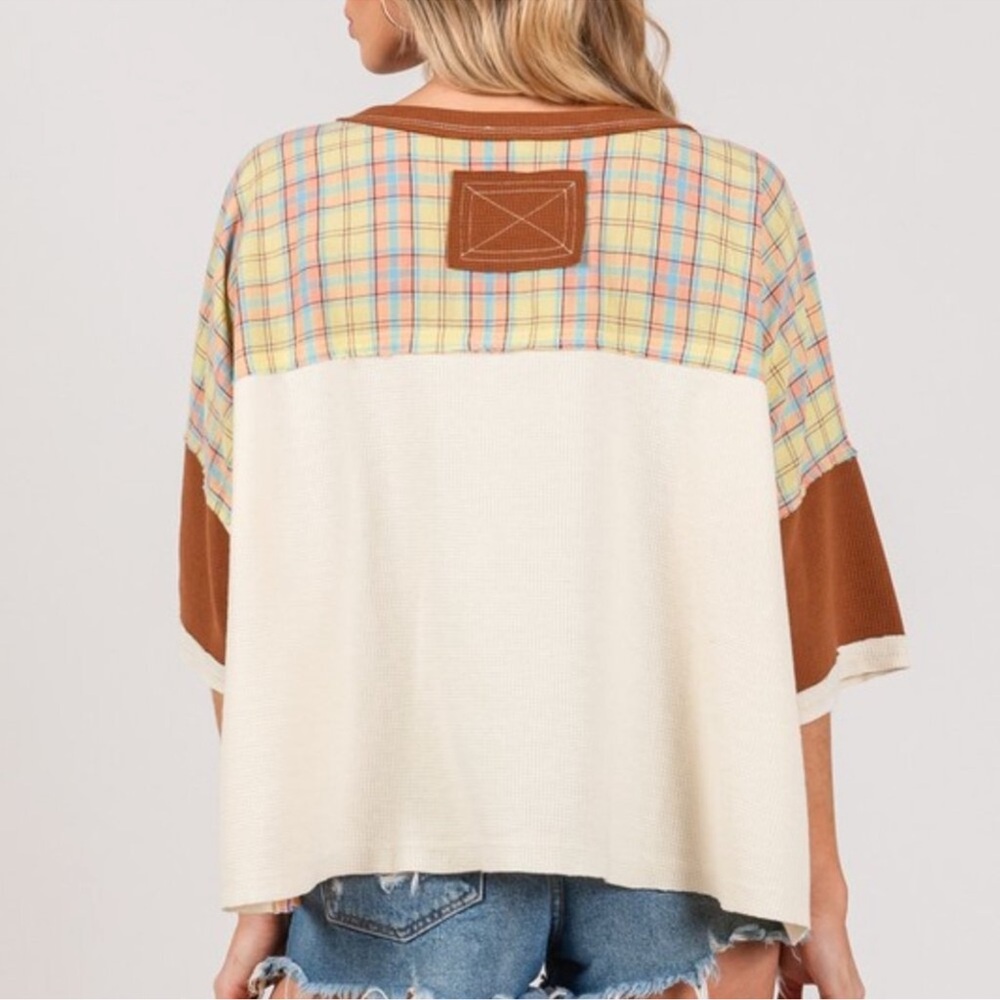 192. NWT Sage+Fig SHORT SLEEVE MULTI CONTRAST STAR PATCHWORK OVERSIZED SHIRT - Picture 3 of 8